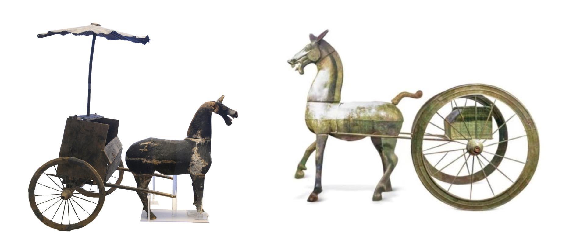 △左為漢代木軺車，藏于青海省博物館；右為東漢銅車馬，藏于黔西南州博物館。